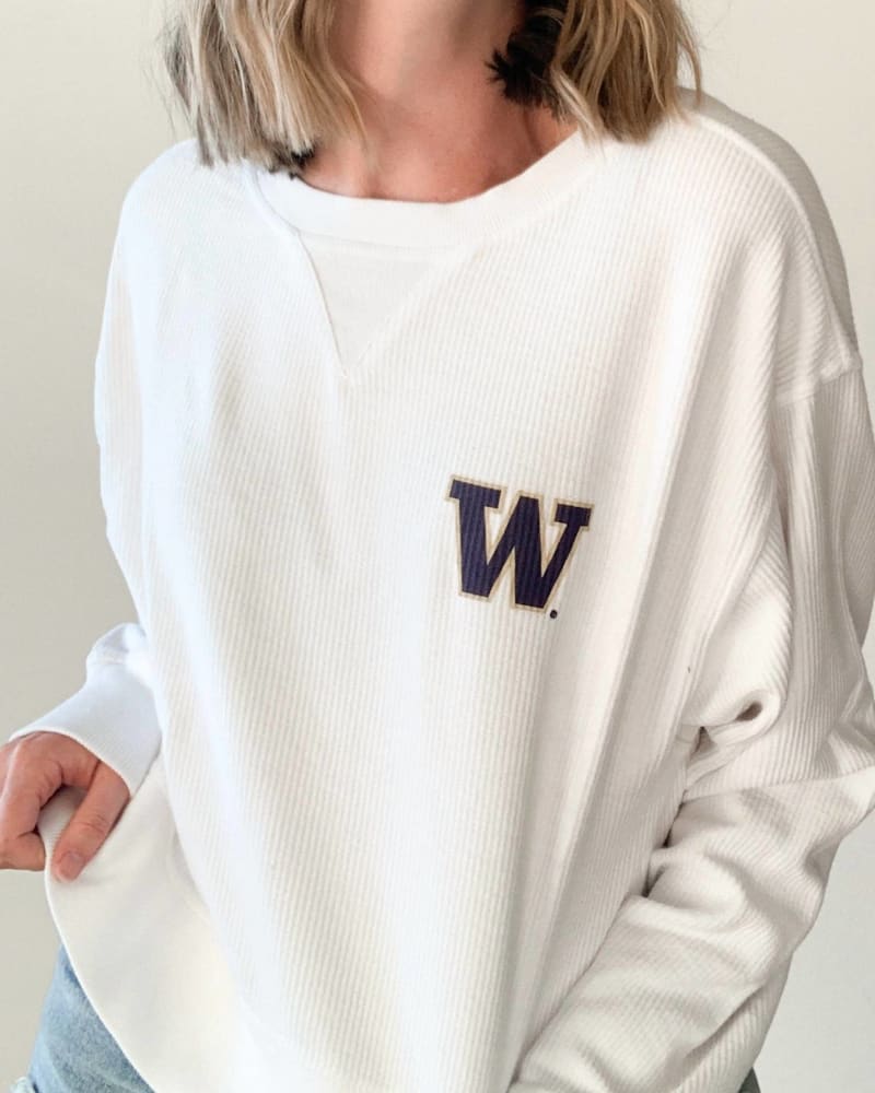 Front of a model wearing a size XL Uw Logo Corded Boxy Sweatshirt in White in White by chicka-d. | dia_product_style_image_id:345357